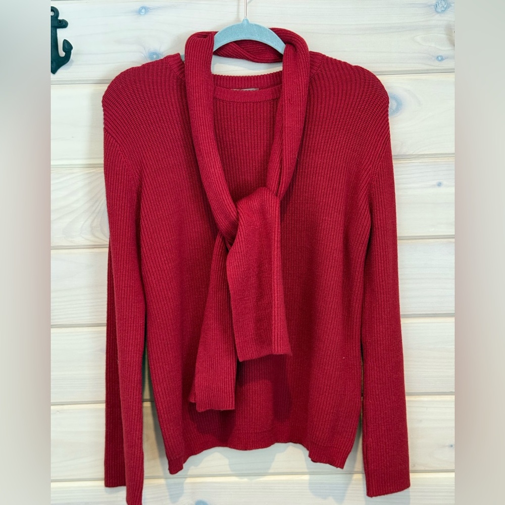 MILA Milano Red Ribbed Crewneck Sweater with Scarf or Belt  NWOT